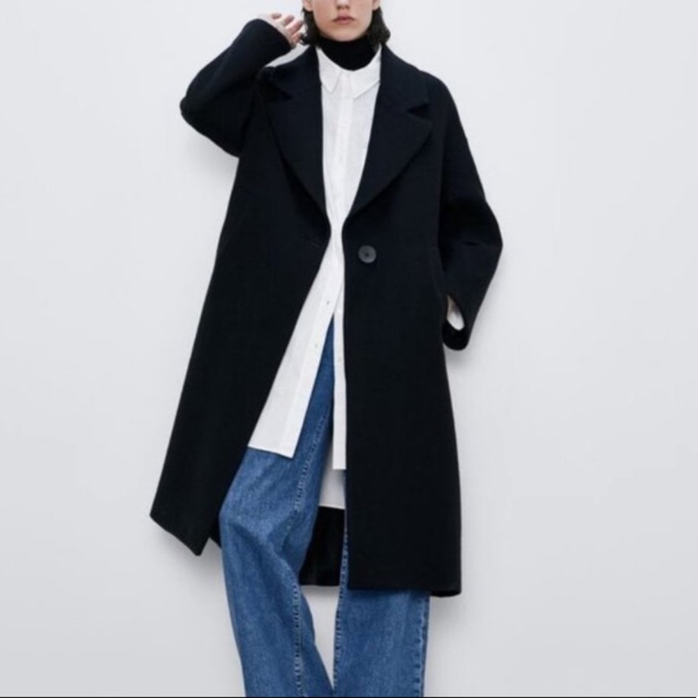 Oversized Wool Blend Coat in Navy from Zara